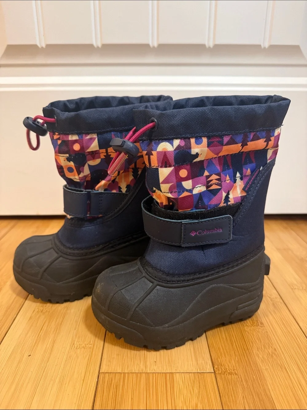 Columbia Navy Kids Winter Boots with Pink and Purple Geometric Trim